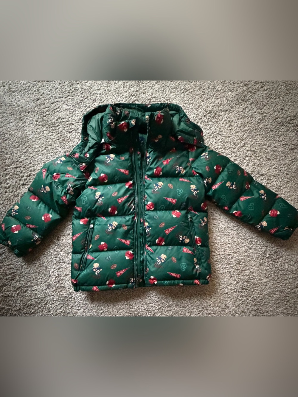 Polo by Ralph Lauren Dark Green Quilted Kids Puffer with Varsity Print